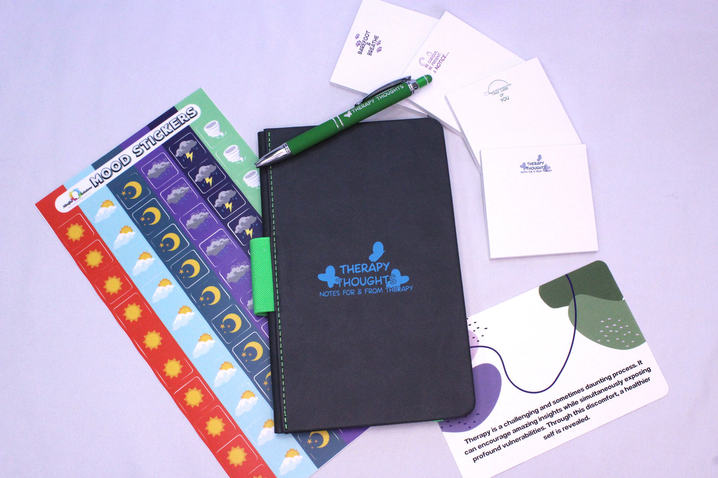 therapy journal, mood stickers, notepads, postcard